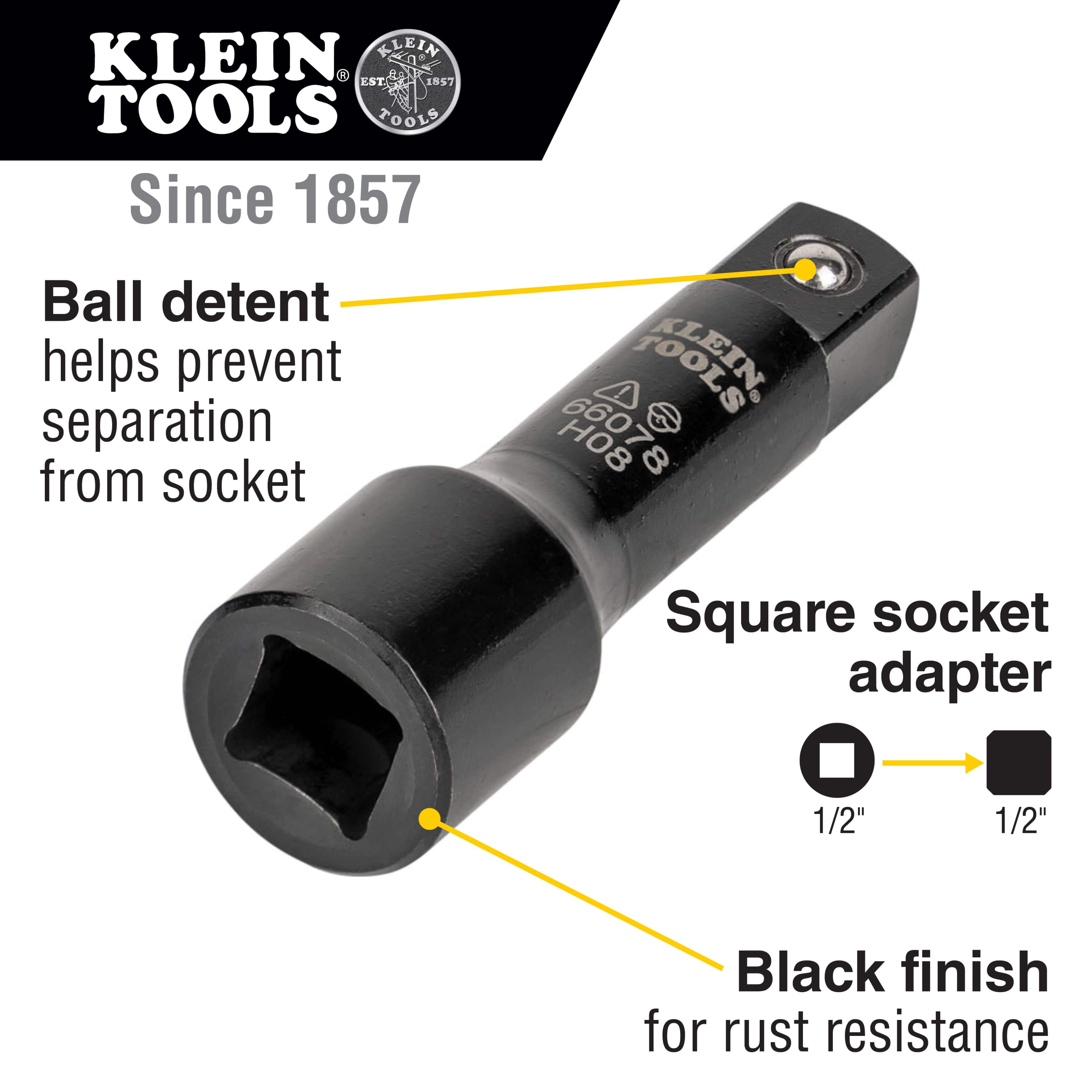 Diagram highlighting the 1/2 to 1/2-inch square drive conversion, ball detent retention, and protective black finish on the Klein 66078 adapter.