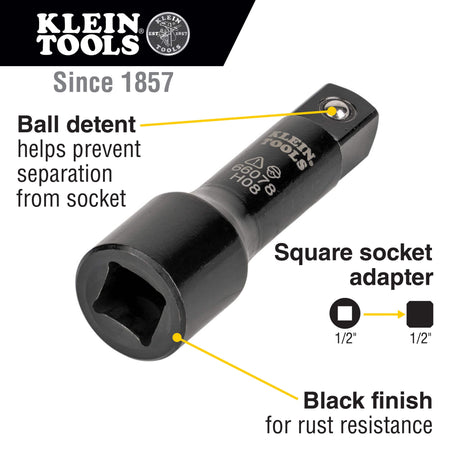 Diagram highlighting the 1/2 to 1/2-inch square drive conversion, ball detent retention, and protective black finish on the Klein 66078 adapter.