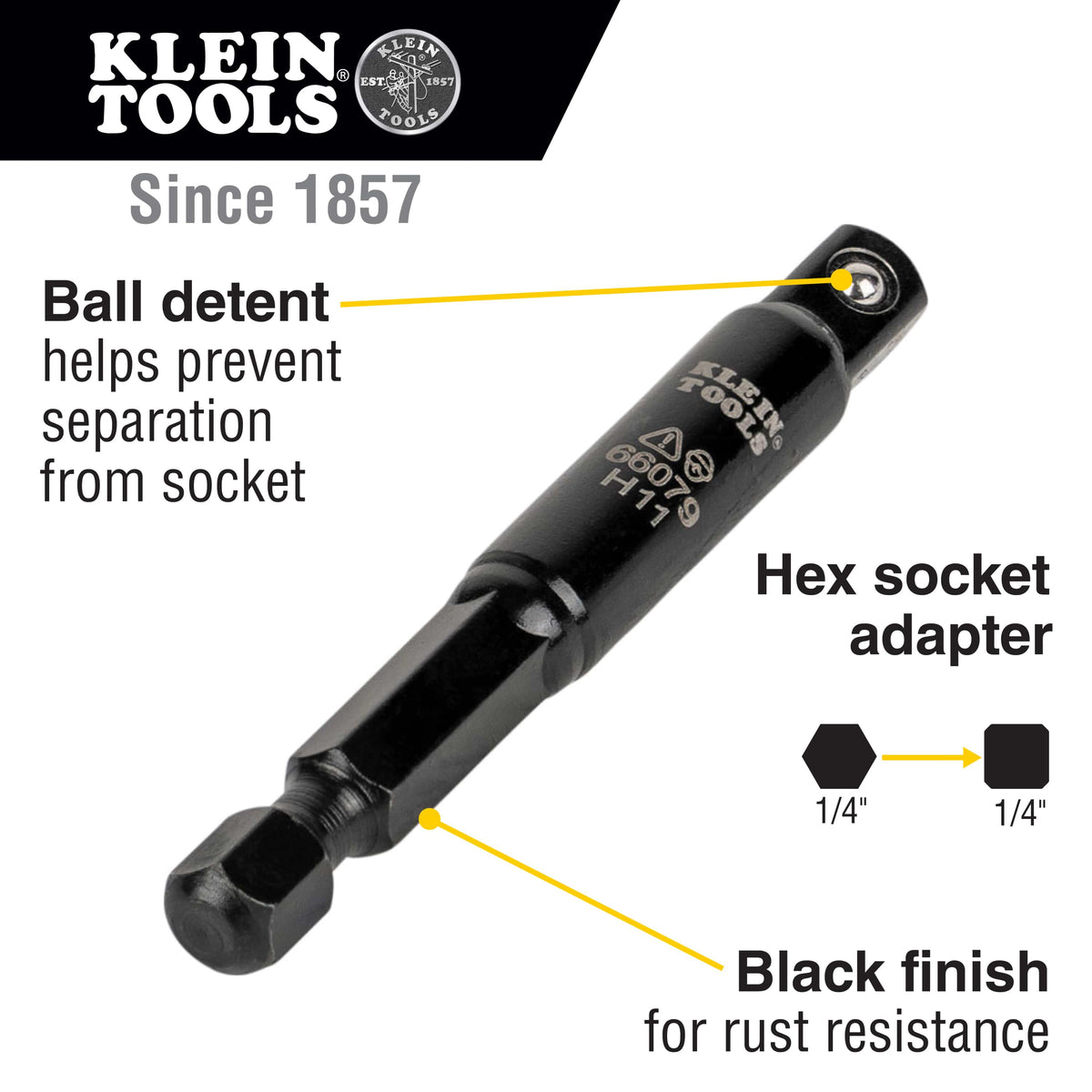 Diagram detailing 1/4-inch hex to 1/4-inch square conversion, retention ball detent, and protective black finish on the Klein 66079 adapter.