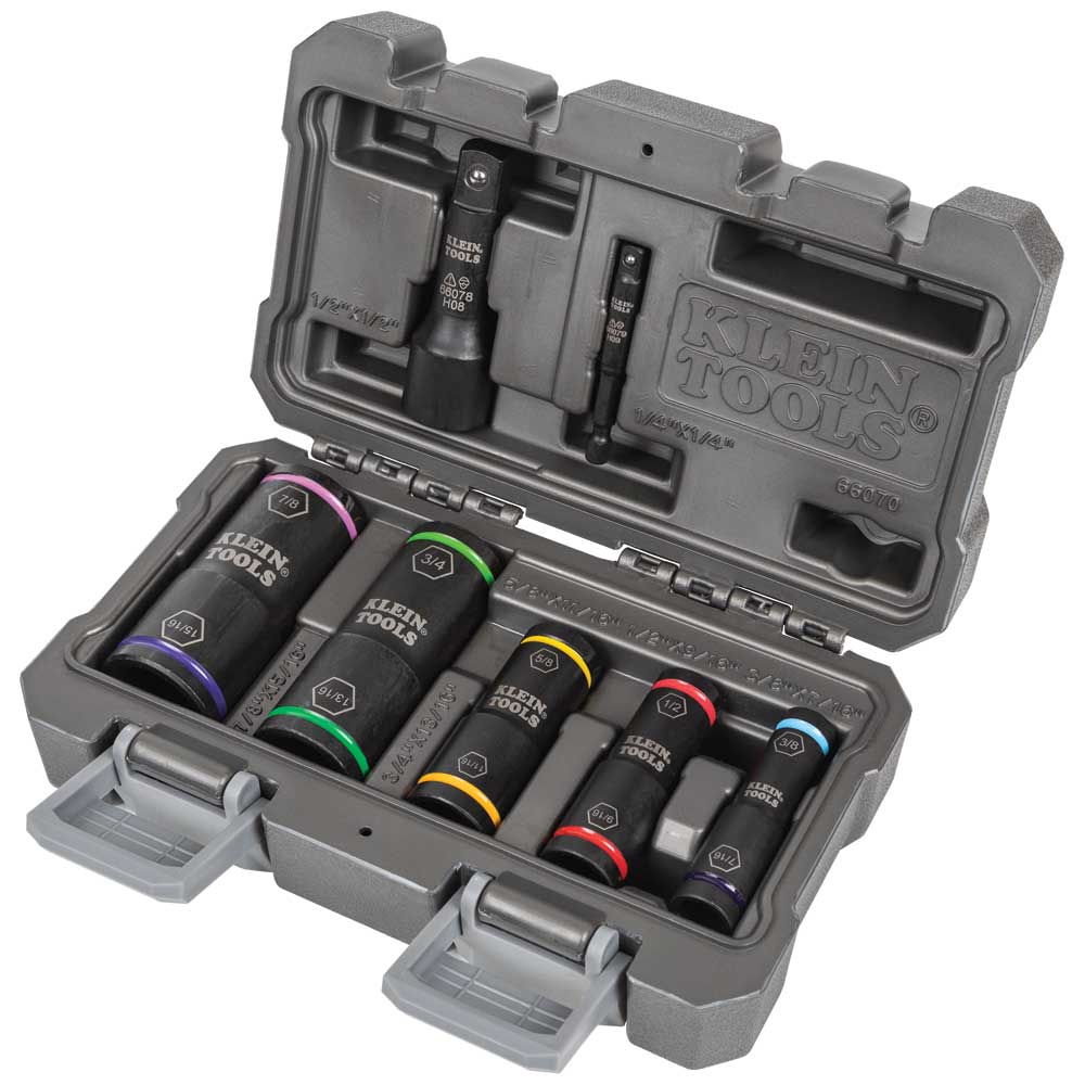 Open hard-shell carrying case displaying the Klein 66070 7-piece impact set with five color-coded flip sockets and two nested drive adapters.