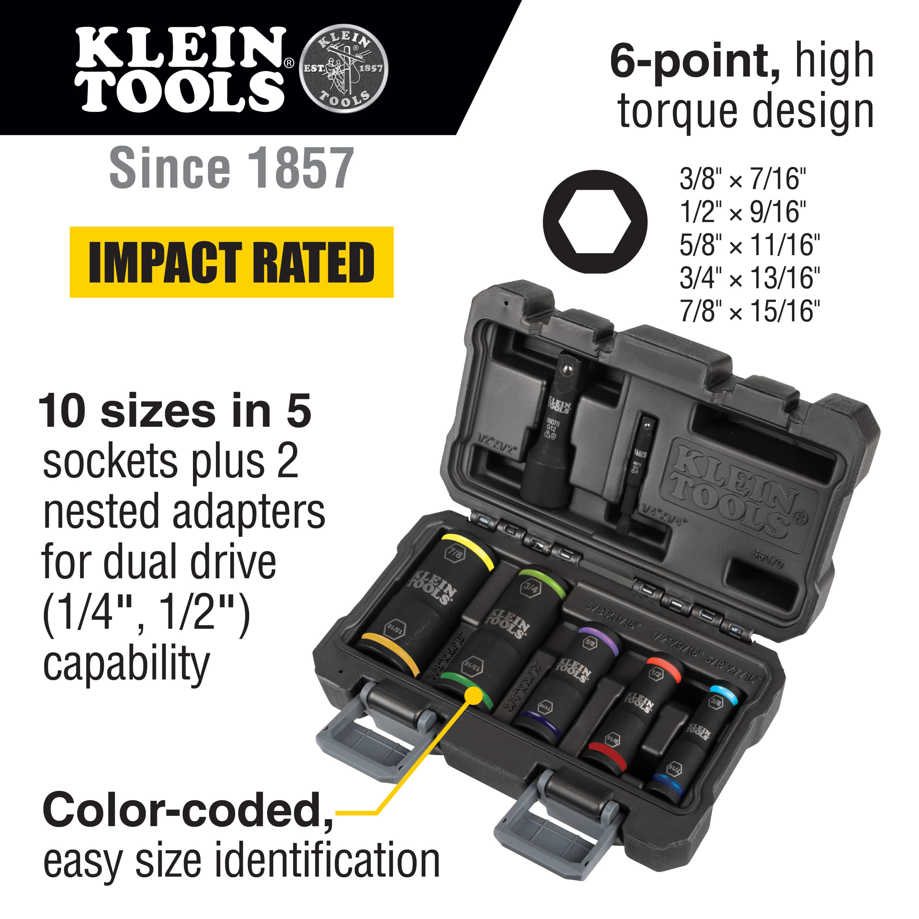 Diagram detailing the 10 SAE socket sizes, 6-point 4140 steel construction, and 1/4-inch hex to 1/2-inch square drive conversion capability.