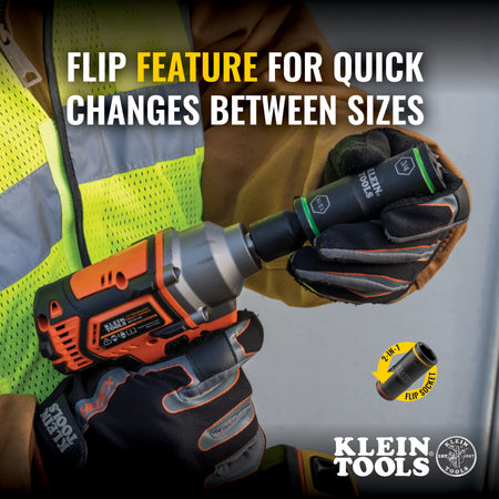 Technician reversing a 3/4 by 13/16-inch Klein flip socket on a 1/2-inch impact wrench anvil for fast size changes.