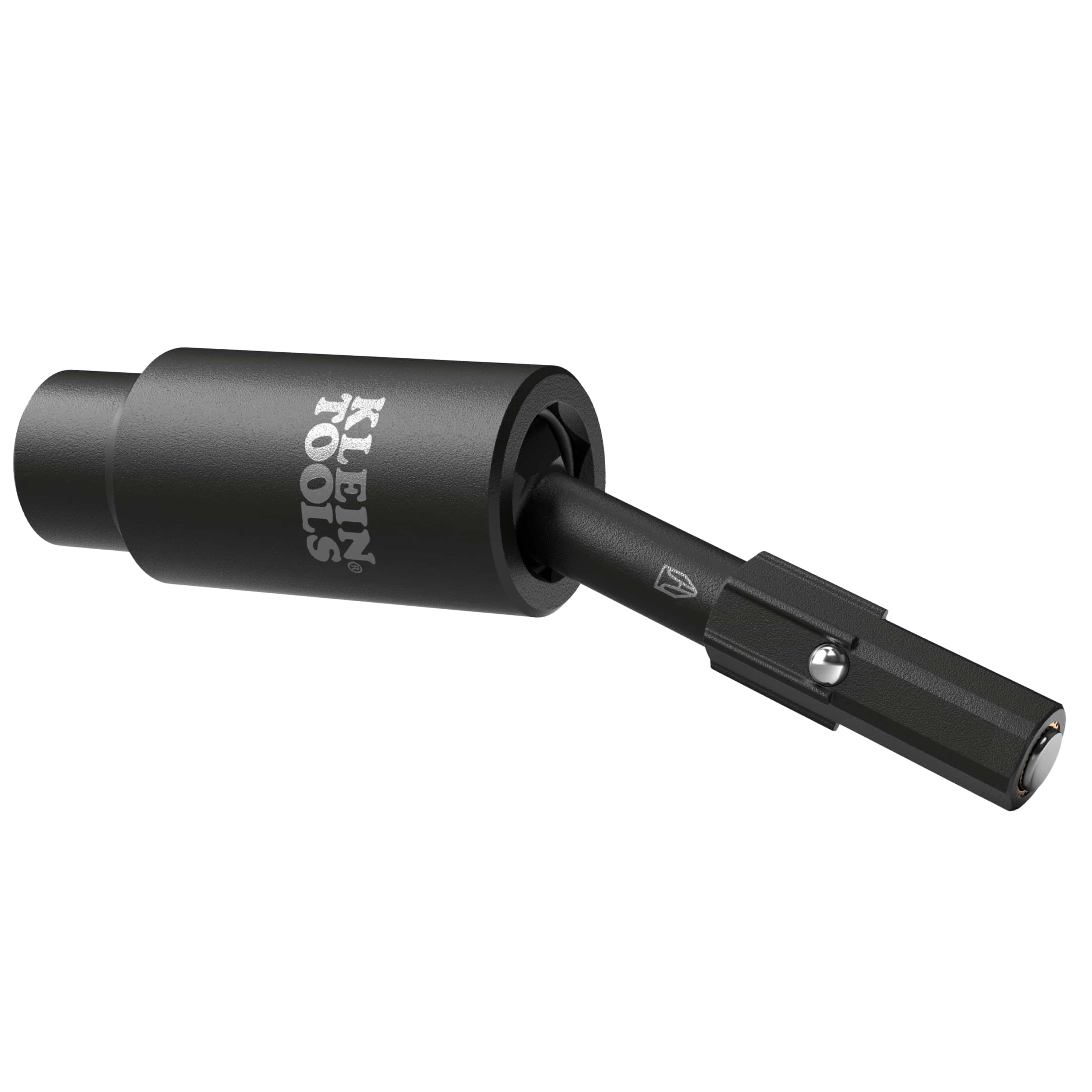Klein 32980 impact adapter pivoted at 25 degrees to demonstrate universal swivel clearance for driving sockets in awkward angles.