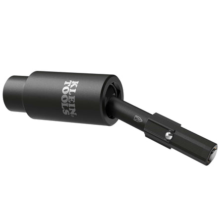 Klein 32980 impact adapter pivoted at 25 degrees to demonstrate universal swivel clearance for driving sockets in awkward angles.