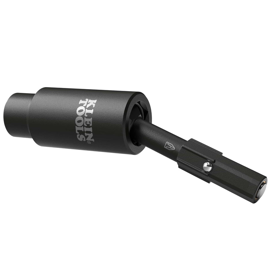Klein 32980 impact adapter pivoted at 25 degrees to demonstrate universal swivel clearance for driving sockets in awkward angles.