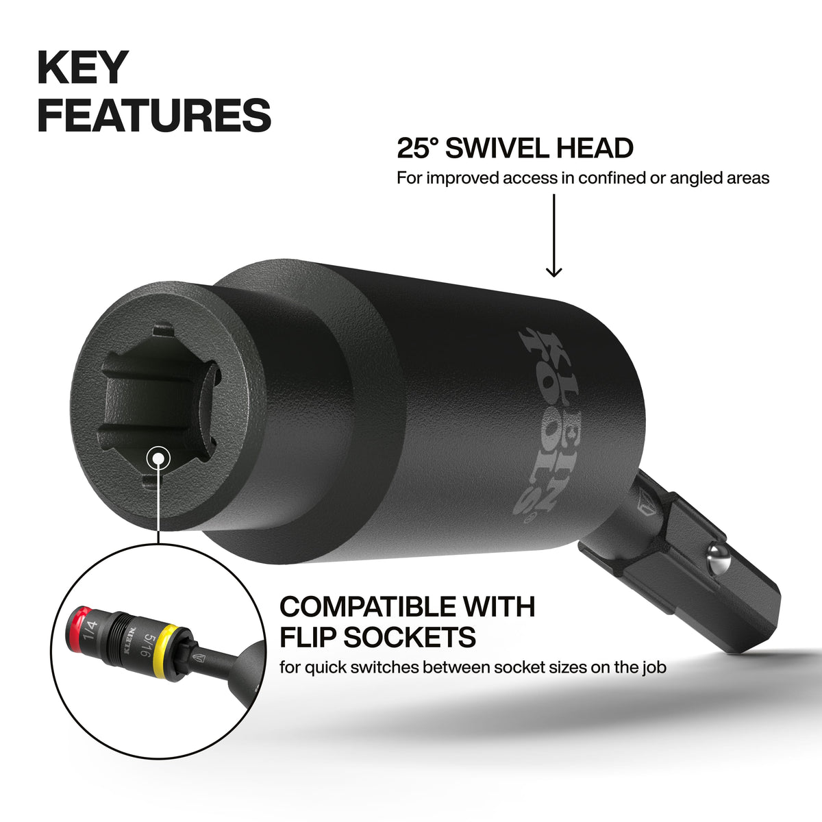 Diagram highlighting the 25-degree swivel head articulation and modular flip socket receiver opening on the Klein 32980 adapter shaft.