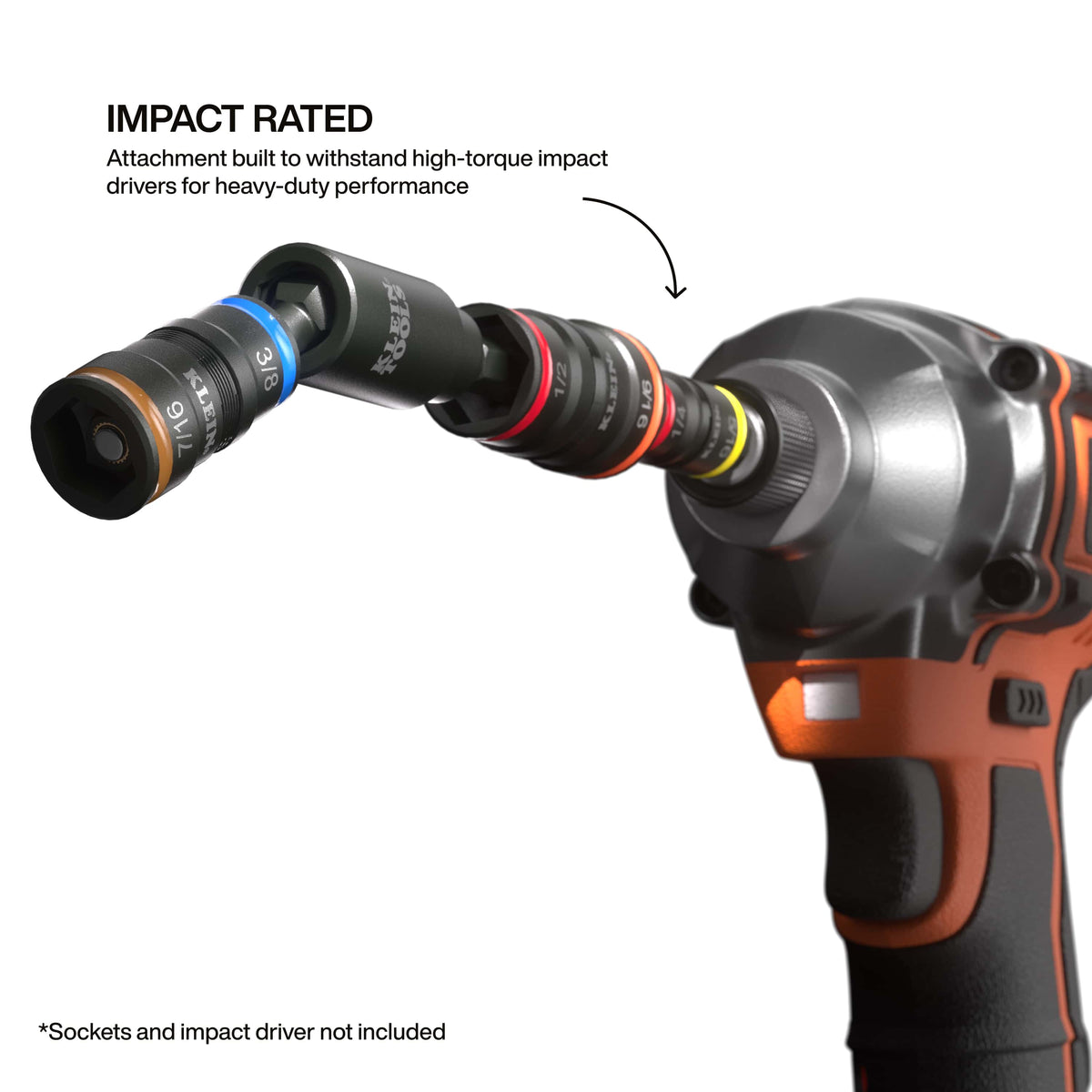Klein 32980 adapter fitted onto a cordless impact driver with flip sockets attached to show off-axis power driving versatility.