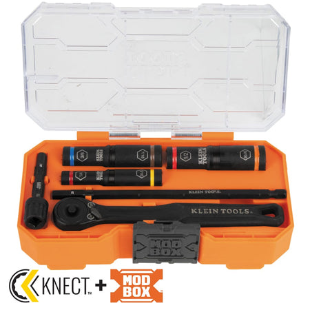 Klein Tools 65238 set opened inside its MODbox organizer case displaying three flip sockets, extension shaft, adapters, and low-profile ratchet.