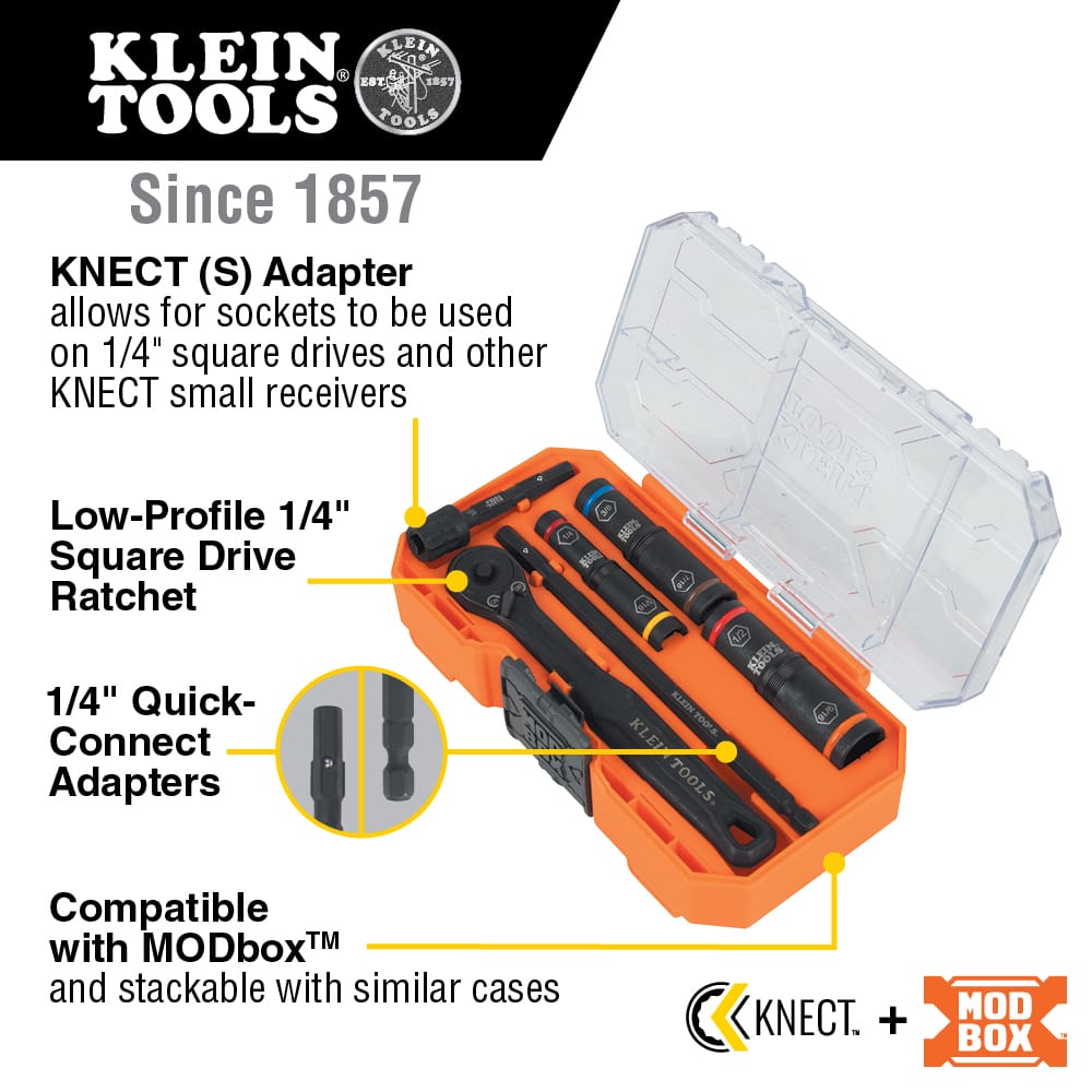 Diagram detailing Klein 65238 kit components, highlighting the 1/4-inch square drive ratchet, quick-connect adapters, and MODbox case integration.