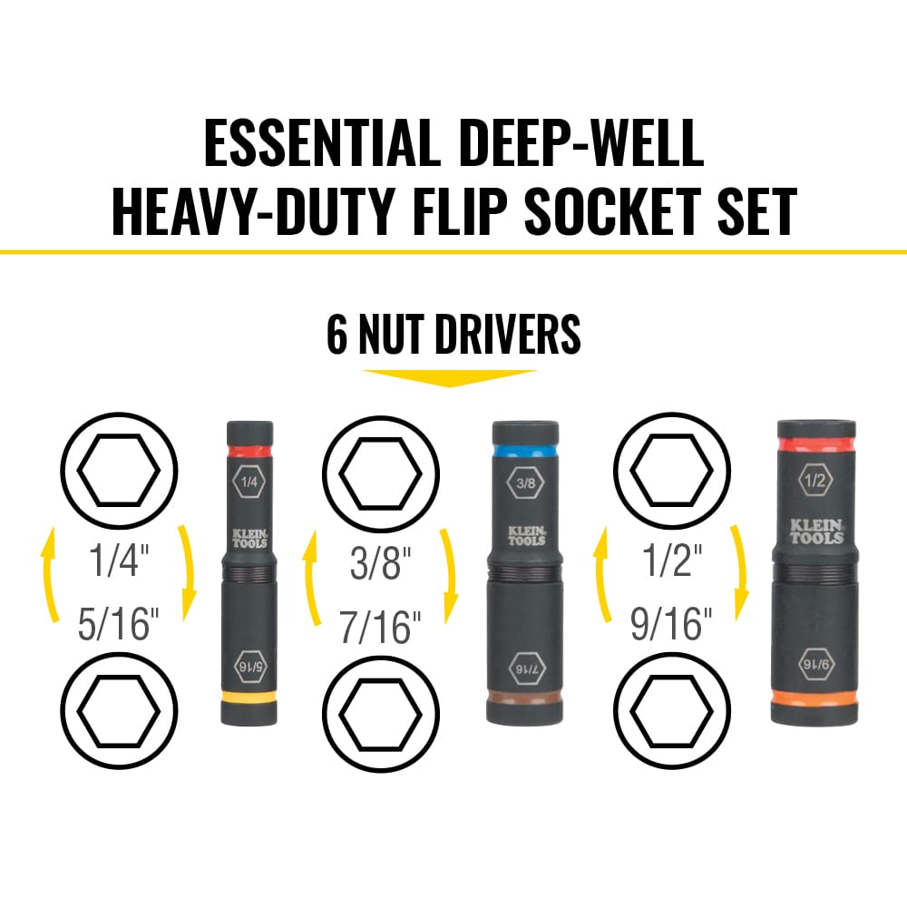 Diagram illustrating how three coaxial flip sockets cover six hex nut sizes from 1/4 to 9/16 inch through double-ended spring sleeve mechanics.