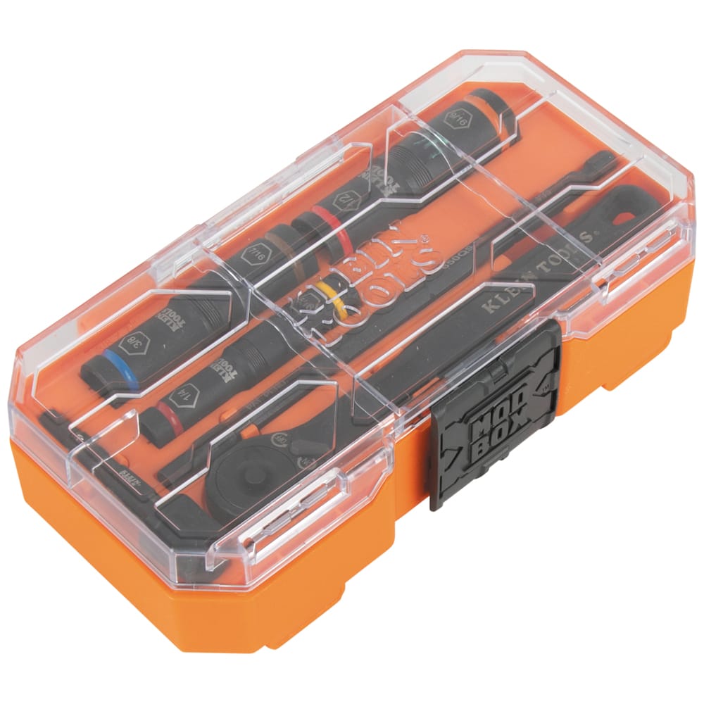 Klein Tools 65238 7-piece flip socket set secured inside its compact MODbox clear-lid case ready for jobsite transport.