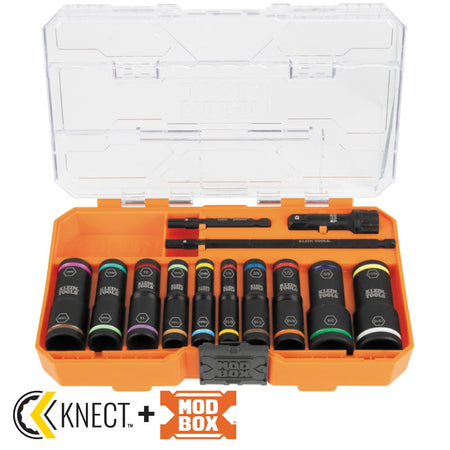 Klein Tools 65239 Flip-20 set opened inside its MODbox organizer case displaying 10 coaxial SAE and metric impact sockets, extension shaft, and nested adapters.
