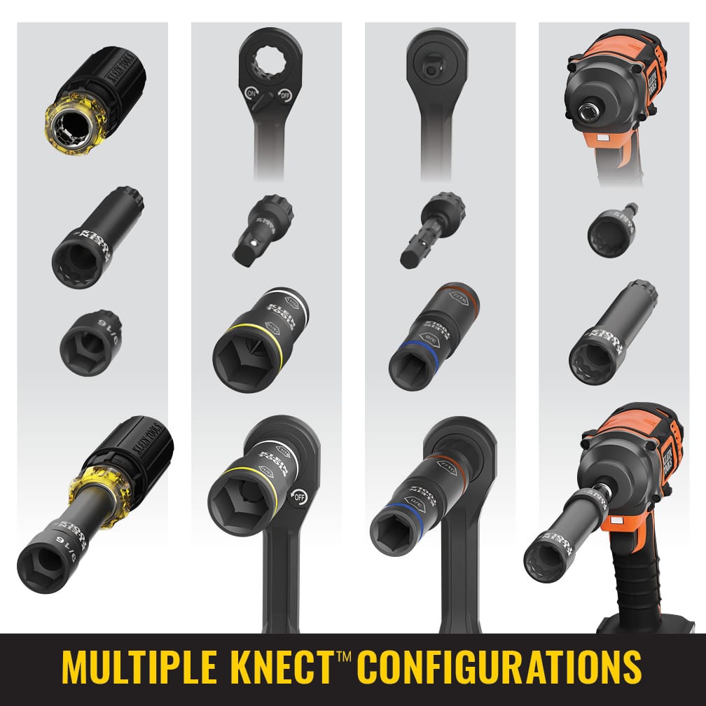 Diagram demonstrating various Klein KNECT tool attachment configurations across multi-bit screwdriver handles, pass-through ratchets, square drives, and power impact drivers.