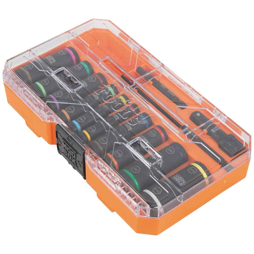 Klein Tools 65239 13-piece set secured inside its compact MODbox clear-lid storage case showing organized internal tray layouts for quick transportation.