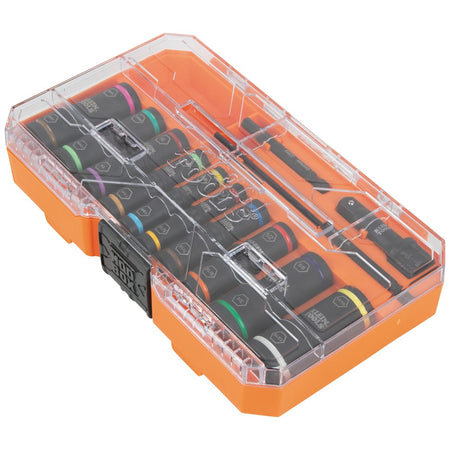 Klein Tools 65239 13-piece set secured inside its compact MODbox clear-lid storage case showing organized internal tray layouts for quick transportation.