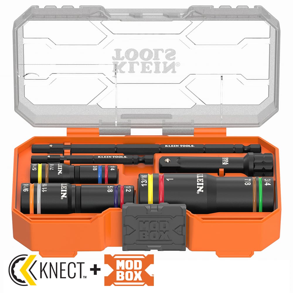 Klein Tools 653QS set open in its MODbox case displaying three 4-in-1 Quad sockets covering 1/4 to 1 inch SAE sizes with impact extension shafts.
