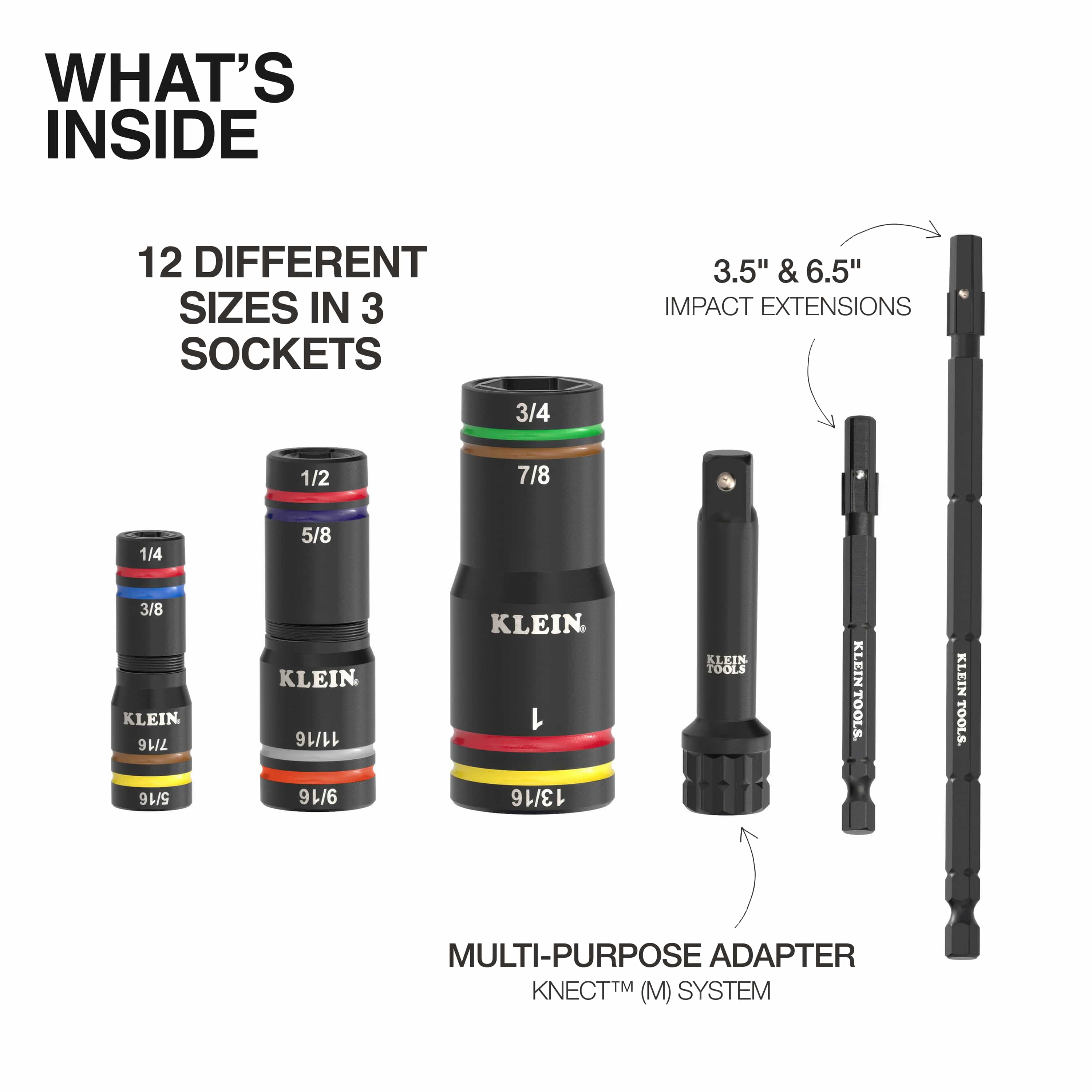 Diagram detailing all 6 pieces of the Klein 653QS set, showing 12 SAE sizes across 3 sockets alongside 3.5 and 6.5-inch extension shafts.