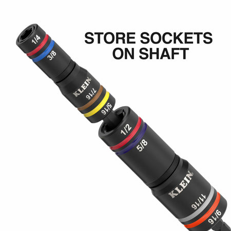 Diagram illustrating how two Klein Quad sockets stack inline on a single 1/4-inch hex shaft to provide quick access to eight SAE hex sizes.