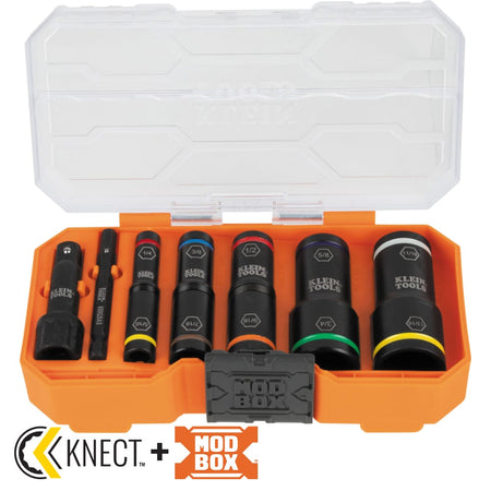 Klein Tools 65618 8-piece set arranged in an open MODbox case displaying five coaxial SAE flip sockets, extension shaft, and nested adapter.