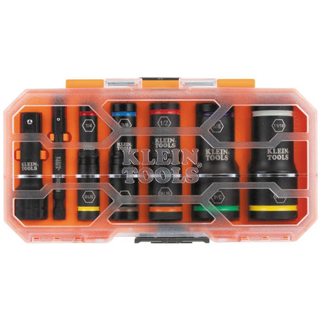 Top view of the Klein 65618 set organized inside its compact orange storage tray visible through the clear protective lid.