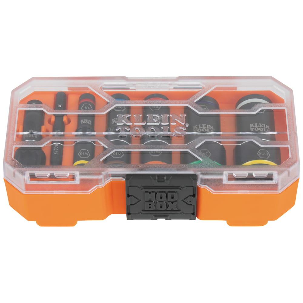Klein Tools 65618 8-piece SAE flip socket set secured inside its closed MODbox clear-lid compact case ready for jobsite transport.