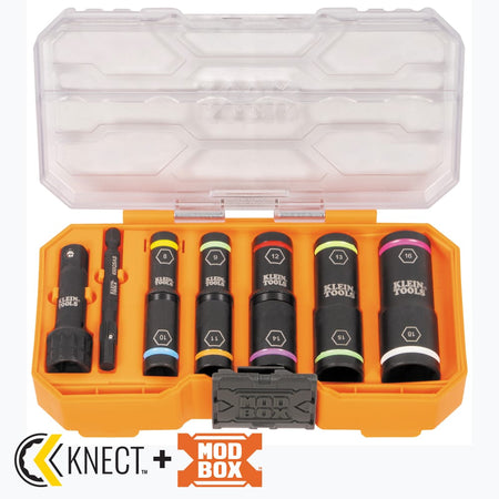 Klein Tools 65619 8-piece metric set arranged inside an open MODbox case displaying five coaxial flip sockets, extension shaft, and nested adapter.