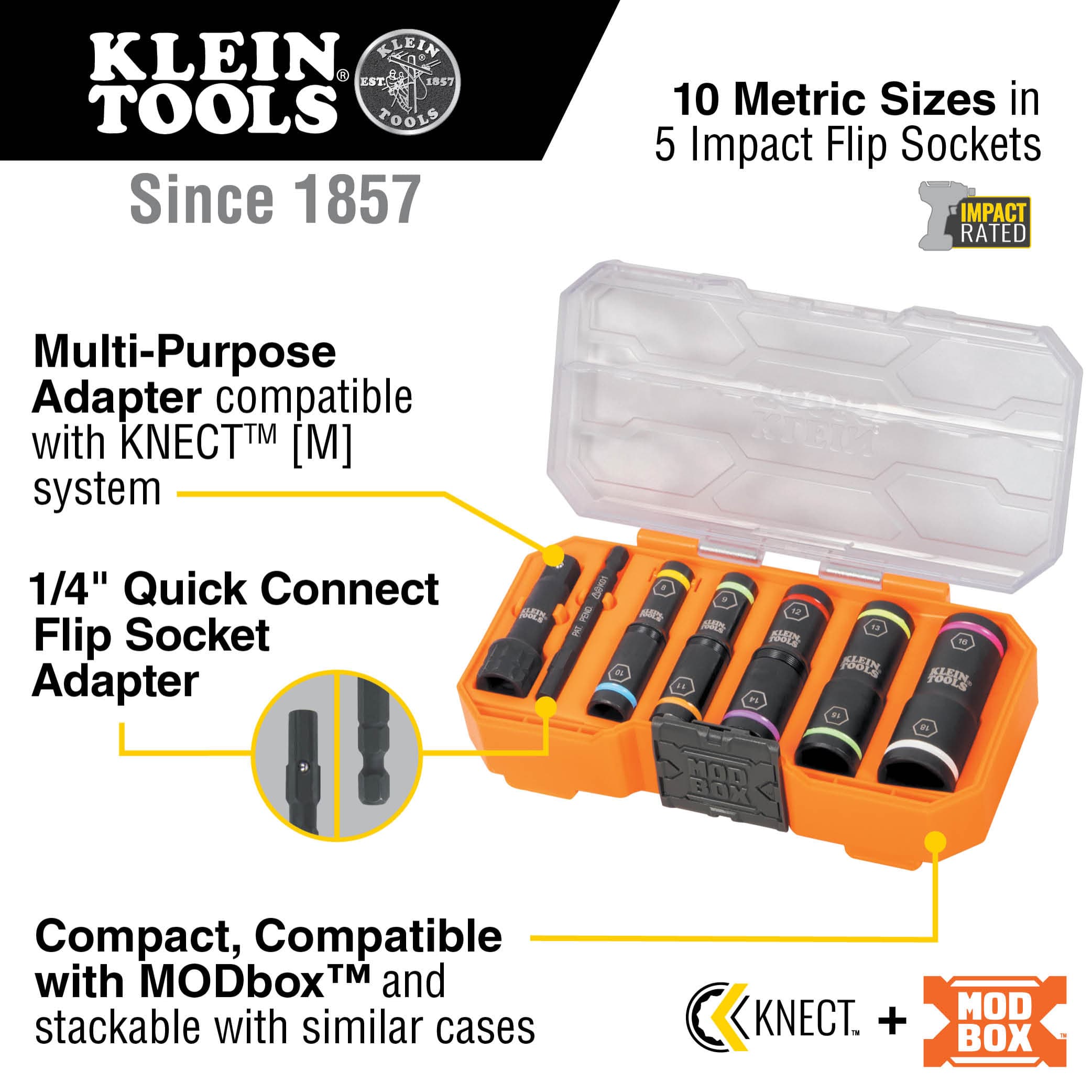 Diagram detailing Klein 65619 kit components, highlighting 10 metric sizes in 5 flip sockets, 1/4-inch hex shaft, and MODbox case compatibility.