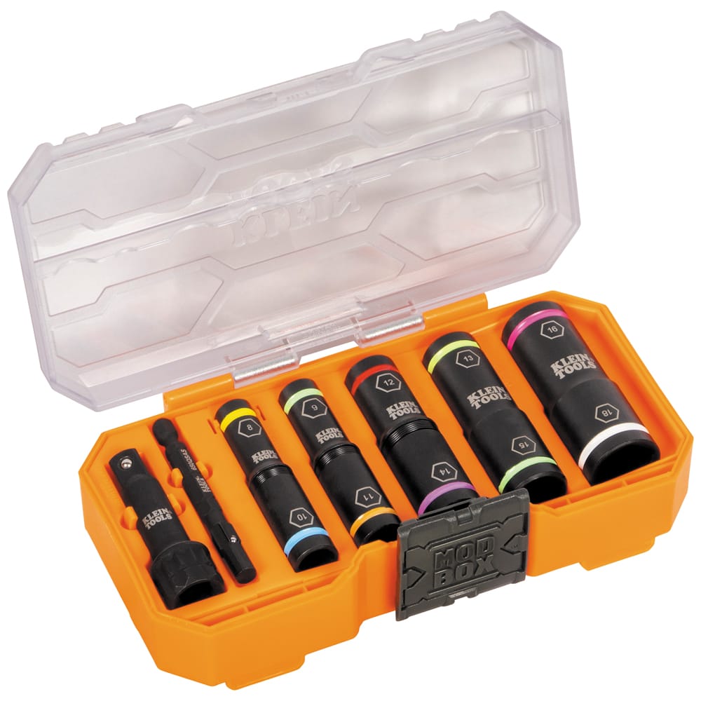 Angled view of the Klein 65619 metric set open in its storage case, displaying internal socket organization trays and extension shaft storage.