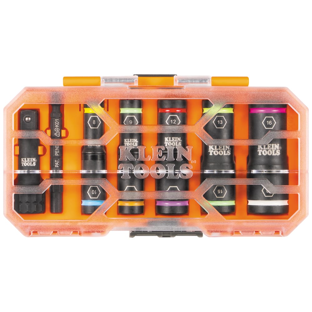 Top-down view of the Klein Tools 65619 metric kit organized inside its compact clear-lid case ready for jobsite carrying.