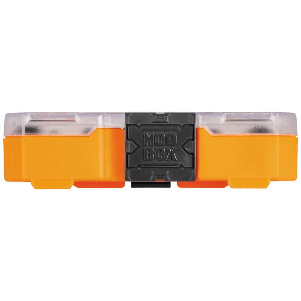 Front profile view of the closed Klein MODbox storage case showing the heavy-duty front latch and hard plastic housing.