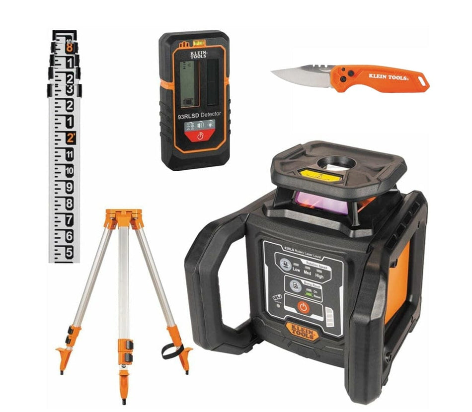A complete product layout of the Klein Tools 93RLS green rotary laser level kit against a clean white background, featuring the heavy-duty self-leveling horizontal and vertical rotary laser unit, an aluminum mounting tripod, an orange and black 93RLSD laser detector for the 1150-foot range, a measuring grade rod, and a folding Klein Tools pocket knife.