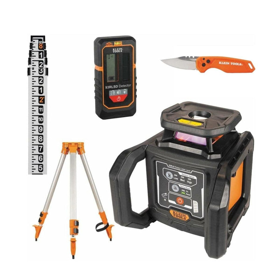 A complete product layout of the Klein Tools 93RLS green rotary laser level kit against a clean white background, featuring the heavy-duty self-leveling horizontal and vertical rotary laser unit, an aluminum mounting tripod, an orange and black 93RLSD laser detector for the 1150-foot range, a measuring grade rod, and a folding Klein Tools pocket knife.