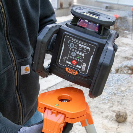 Klein Tools Green Rotary Laser Level Kit 93RLS with rechargeable battery and tripod for precise horizontal vertical plumb alignment