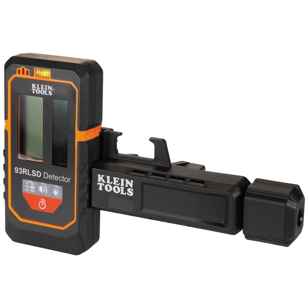 Klein Tools 93RLSD laser detector with digital display and mounting bracket, used for detecting laser beams during leveling and alignment tasks.