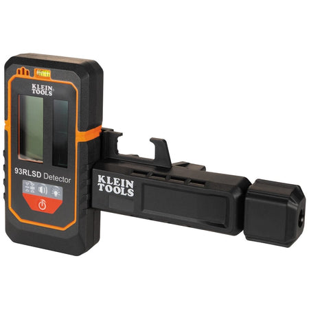 Klein Tools 93RLSD laser detector with digital display and mounting bracket, used for detecting laser beams during leveling and alignment tasks.