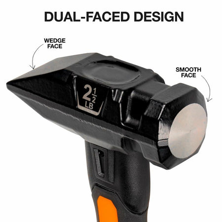 Close-up of the 2-1/2 pound hammer head, with labels pointing to the dual-faced design: the Wedge Face and the Smooth Face.