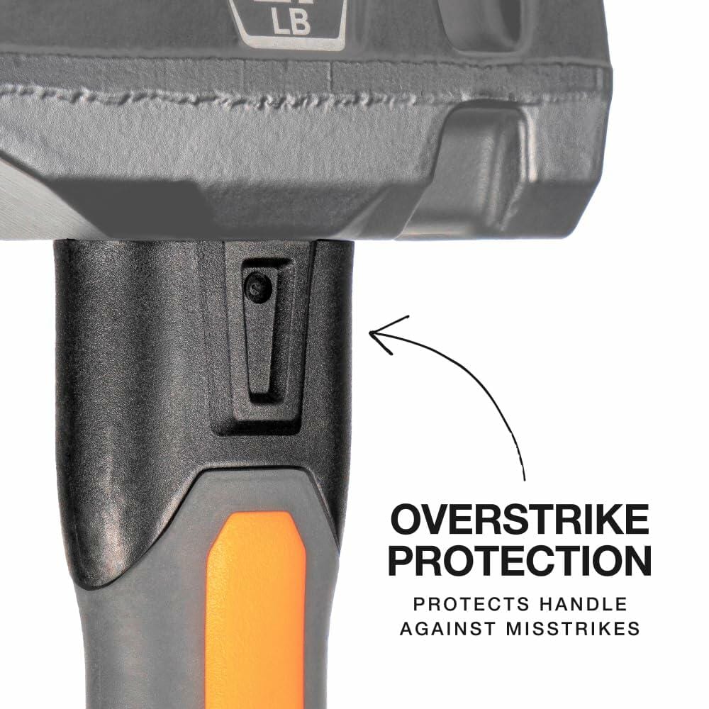 Close-up showing the junction between the fiberglass handle and the hammer head, pointing out the overstrike protection feature that guards the handle against missed strikes.