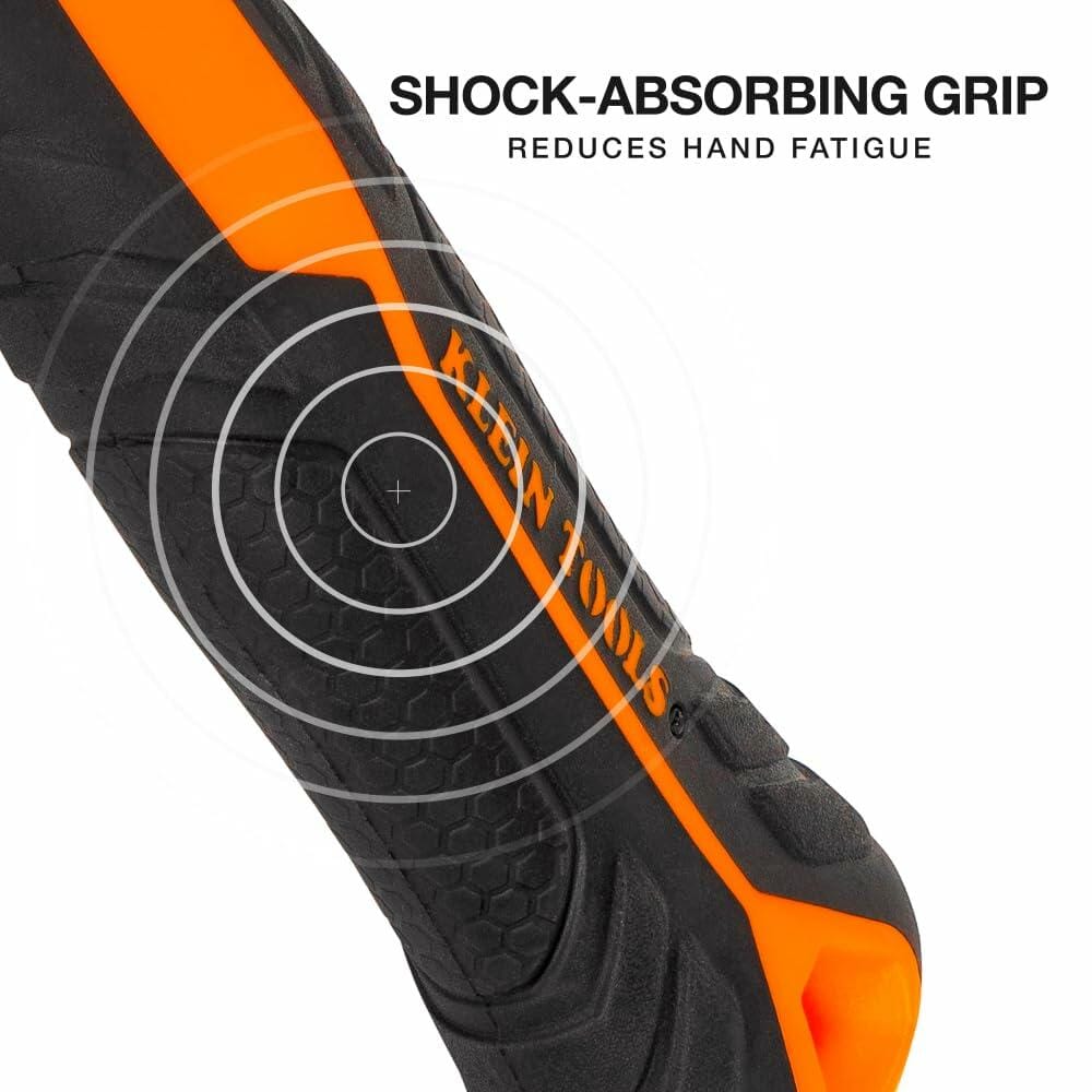 Close-up of the black and orange fiberglass hammer handle, highlighting the shock-absorbing textured grip designed to reduce hand fatigue.
