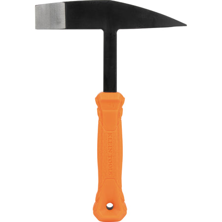 A studio product view of the Klein Tools H80612 Welder's Chipping Hammer. The image shows the 10-ounce tempered steel hammer featuring a dual-sided head with a flat chisel and a pointed spike, paired with a high-visibility orange shock-absorbing handle.