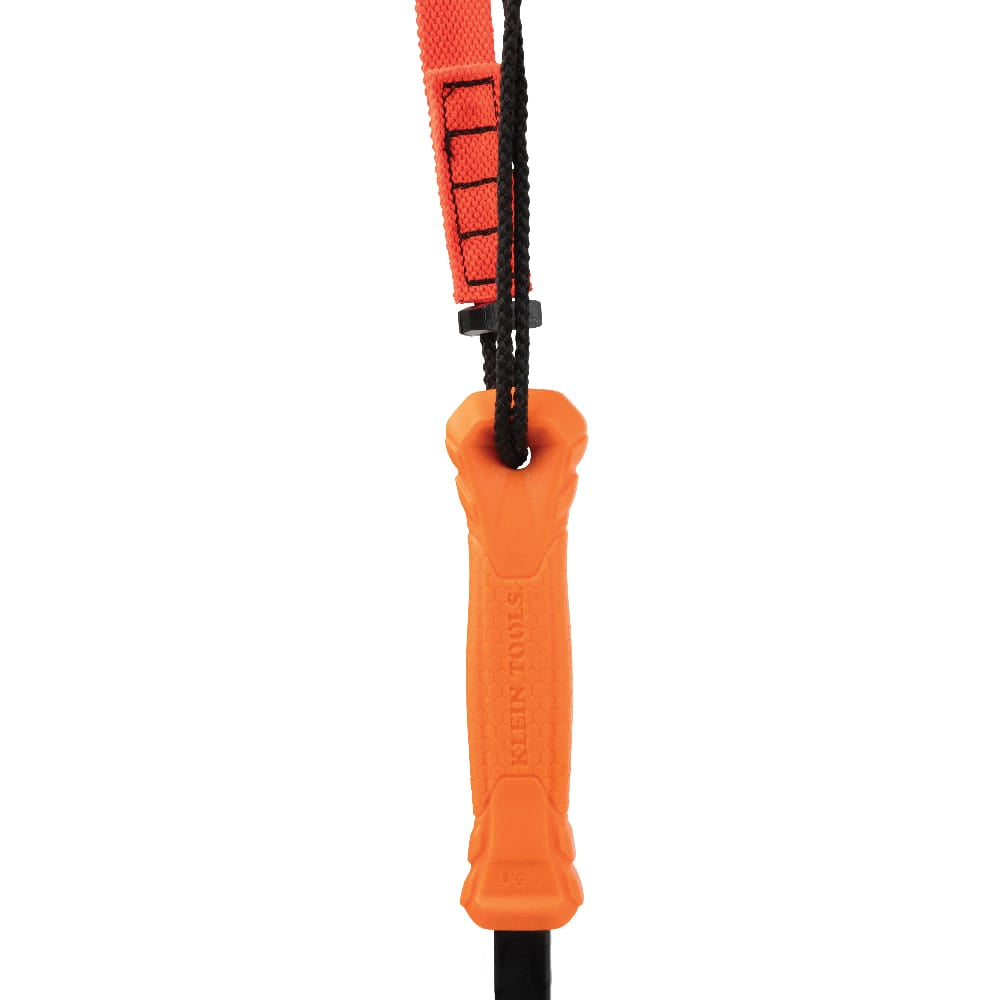Klein Tools H80612 Welder’s Chipping Hammer shown with an orange handle and attached safety tether strap, highlighting drop‑prevention features for welding and elevated work environments.