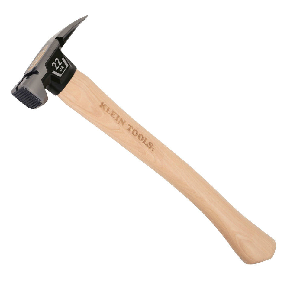 A full-length profile of the Klein Tools H80922H 22-ounce milled face framing hammer, featuring a straight claw, a black powder-coated forged steel head, and a professional-grade hickory wood ax handle.