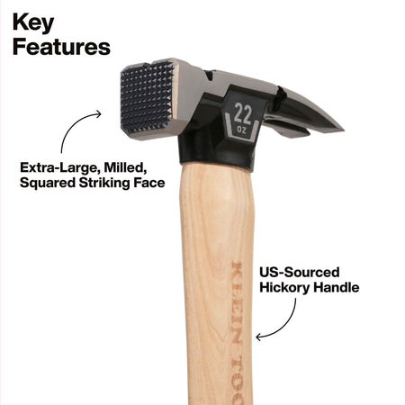 Key features view of the H80922H hammer, emphasizing the extra-large milled squared striking face for increased accuracy and the heavy-duty 22-ounce forged steel head construction.