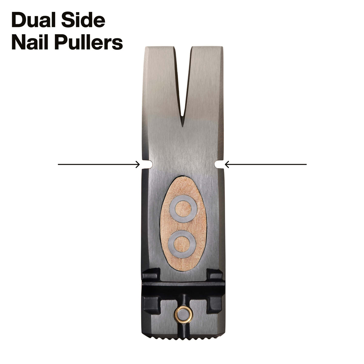 An overhead view of the forged steel hammer head showcasing the dual side nail pullers, engineered to provide maximum leverage for removing fasteners in tight or restricted clearance areas.