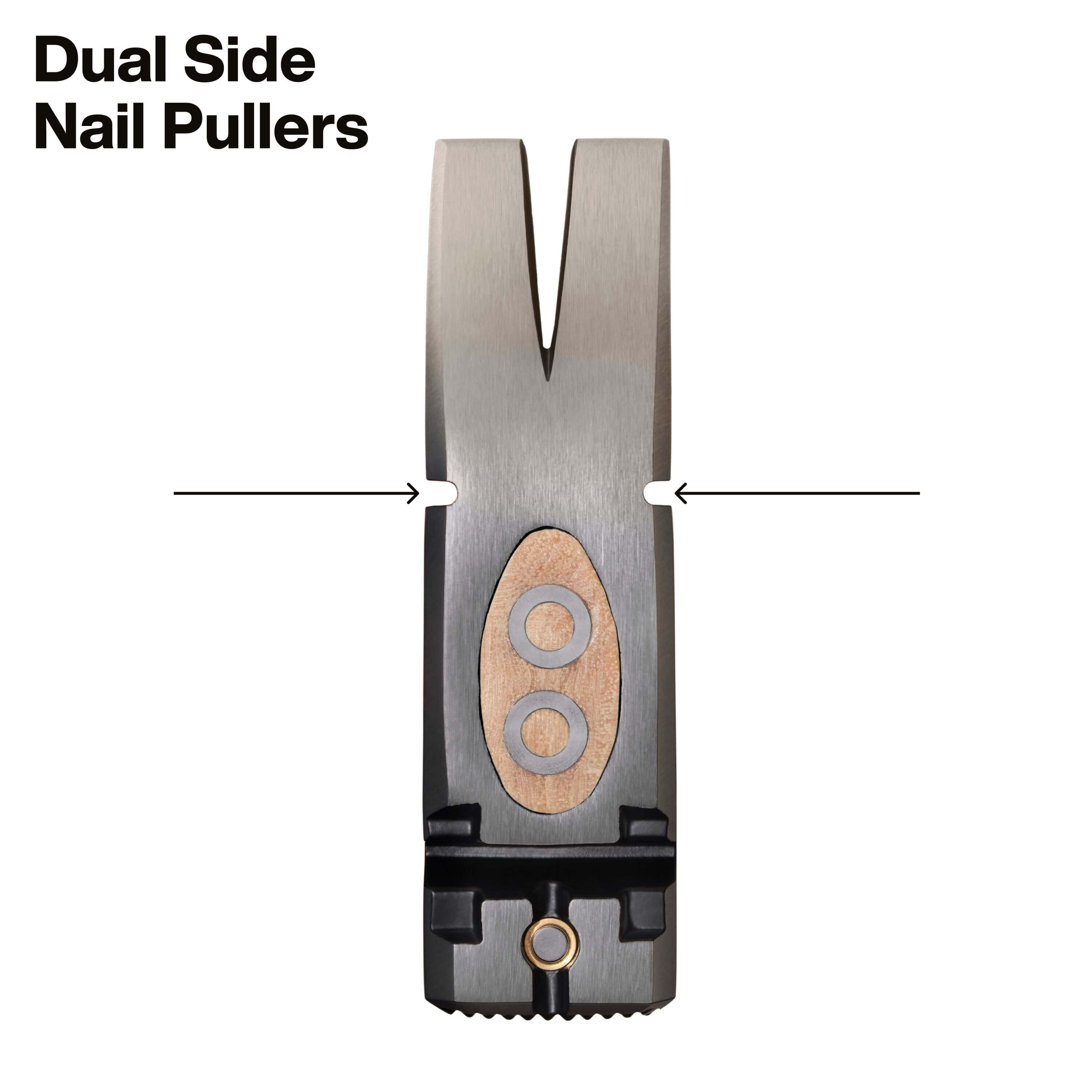 An overhead view of the forged steel hammer head showcasing the dual side nail pullers, engineered to provide maximum leverage for removing fasteners in tight or restricted clearance areas.