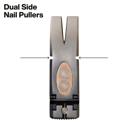 An overhead view of the forged steel hammer head showcasing the dual side nail pullers, engineered to provide maximum leverage for removing fasteners in tight or restricted clearance areas.