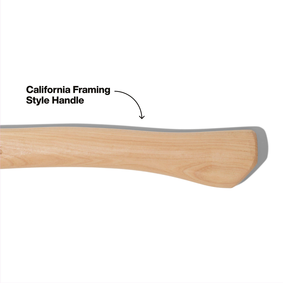 A close-up of the genuine U.S. sourced hickory wood handle on the Klein Tools framing hammer, showcasing the ergonomic California framing style curved ax design for superior shock absorption and grip comfort.