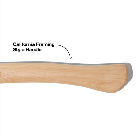 A close-up of the genuine U.S. sourced hickory wood handle on the Klein Tools framing hammer, showcasing the ergonomic California framing style curved ax design for superior shock absorption and grip comfort.