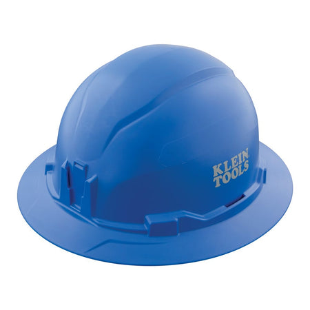 Klein 60249 blue non-vented full brim safety hard hat featuring high-impact PC/ABS composite shell design and integrated strap-free headlamp mounts.