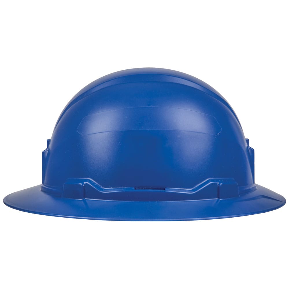 Side profile of the Klein 60249 blue non-vented hard hat displaying the solid PC/ABS shell engineered for 20kV electrical dielectric isolation.
