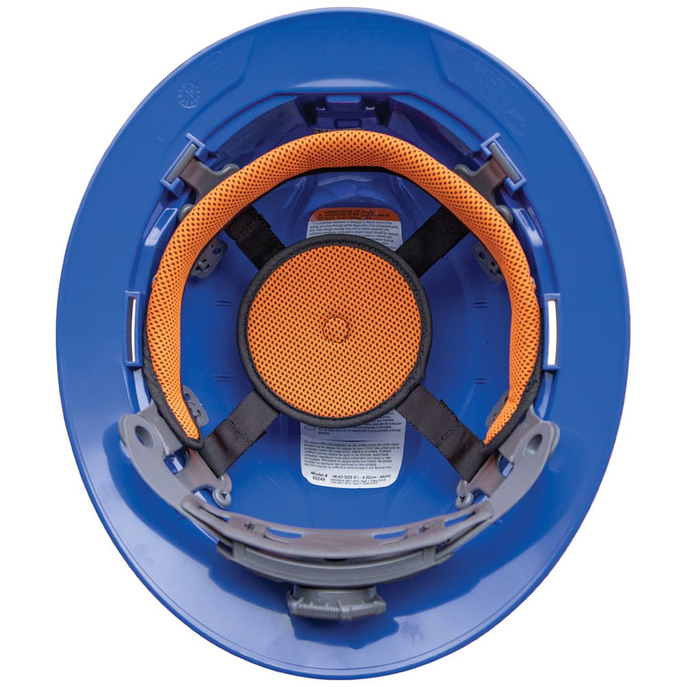 Interior view of the Klein 60249 blue hard hat showing the 6-point suspension harness, orange sweat-wicking padding, and rear ratchet dial.